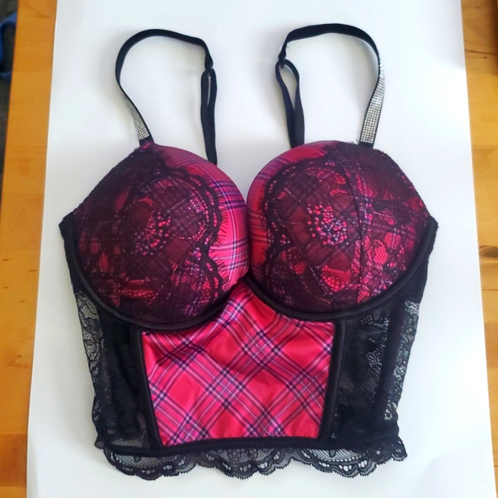 Victoria Secret Bra 34C Bombshell Push Up Red Black Plaid Shine Strap Lace Bling